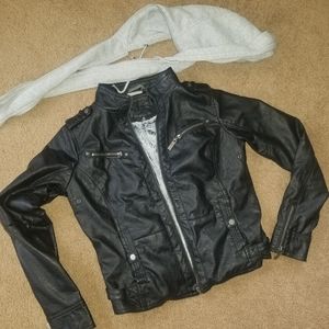 Leather jacket with zip on hood